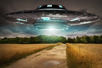 Poster - UFO invasion on planet earth landascape 3D rendering