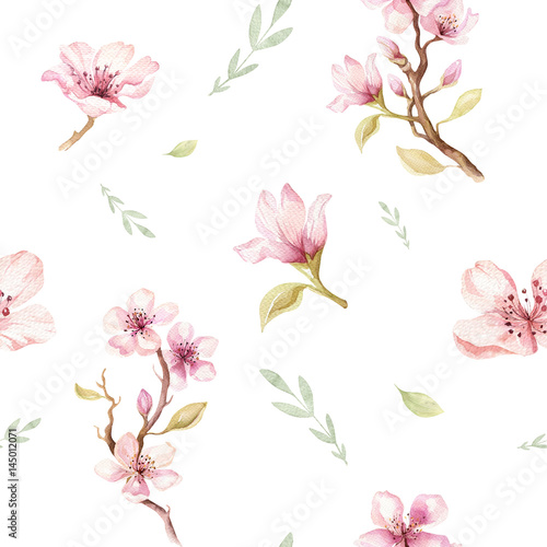 Watercolor Seamless Wallpaper With Blossom Cherry Flowers Branch And Leaves Bohemian Watercolour Decoration Pattern Design For Invitation Wedding Or Greeting Cards Buy This Stock Illustration And Explore Similar Illustrations At Adobe