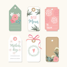 Set Of Romantic Mothers Day, Birthday Or Wedding Vintage Frames, Gift Tags And Labels With Flowers And Pink Ribbon. Isolated Vector Collection.