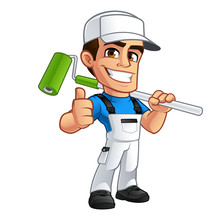 Vector Illustration Of A Professional Painter, He Is Dressed In Working Clothes