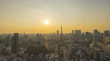 Wall Mural - 4k time lapse of sunset day to night at Tokyo city skyline, Tokyo Tower. Tilt down