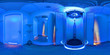 Panorama 360 degrees inside the solarium which glows blue.
VR shot of the solarium from the inside in the room there is a tanning machine.
