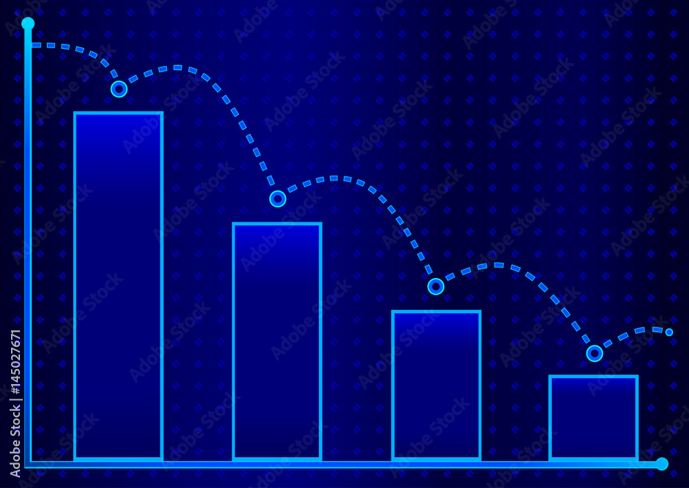Decreasing bar graph with blue arrow . Isometric bar graph with two axes and columns, showing the rapid decline on a blue background . Eps 10 vector illustration