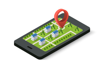 Wall Mural - Isometric 3D navigation sign and pin symbol on mobile phone city urban map indicating the location and direction