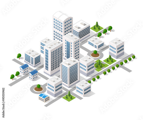 Fotomural Isometric 3D metropolis city quarter with streets, skyscrapers, trees and houses