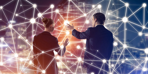 Concept of social connection and networking against night city v