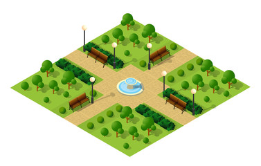 Wall Mural - Isometric metropolis city park with streets and trees. Urban landscape top view