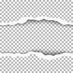 Wall Mural - Snatched middle of paper with torn edges, soft shadow and space for text. Damaged sheet of paper with transparent background for ad and other aims. Template paper design.