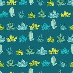 Wall Mural - Vector Dark Blue Green Stripes Seamless Repeat Pattern With Growing Succulents and Cacti In Pots. Trendy tropical design for textile, fabric, packaging, backdrops, wallpaper.