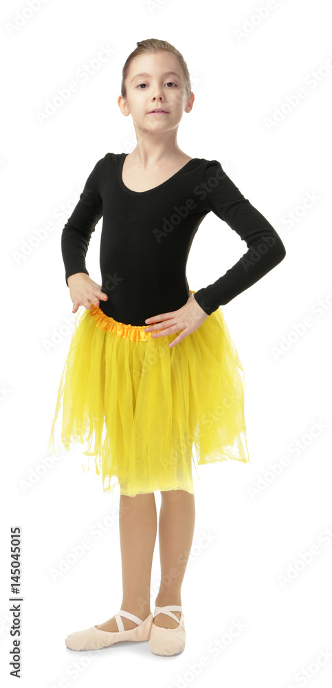 Cute little ballerina on white background