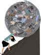 Woman rolling a huge ball of possessions uphill, EPS 8 vector illustration