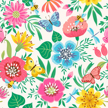 Bright Floral Seamless Pattern With Flowers, Butterflies, Bees And Dragonflies.