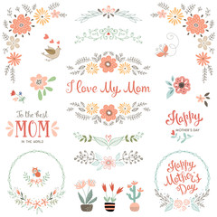 Sticker - Mother's Day collection with floral and typographic design elements. Decorative flowers, branches, wreath, butterfly, bird, plant pots and vases. Vector illustration.