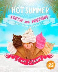 Ice cream poster design: chocolate, vanilla, scoops,waffle cone,different colors, forms. Summer beach,vector illustration, editable elements,3d tasty set,delicious Icecream Flyer Design, background