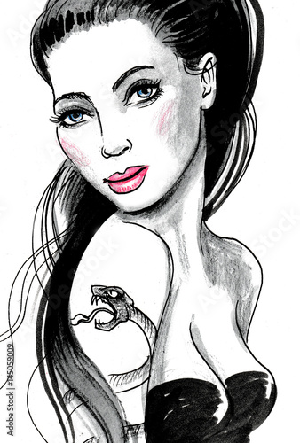 Fototapeta na wymiar Piękna pani z tatuażem węża na ramieniu - szkic