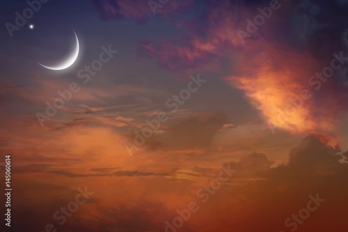 Red Sunset And Moon Eid Mubarak Background Against The