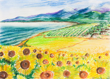 Rural Landscape With Sunflowers. A Small Village By The Sea And Mountains In The Background. Painting