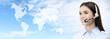 © amedeoemaja - contact us, customer service operator woman with headset smiling isolated on international map background