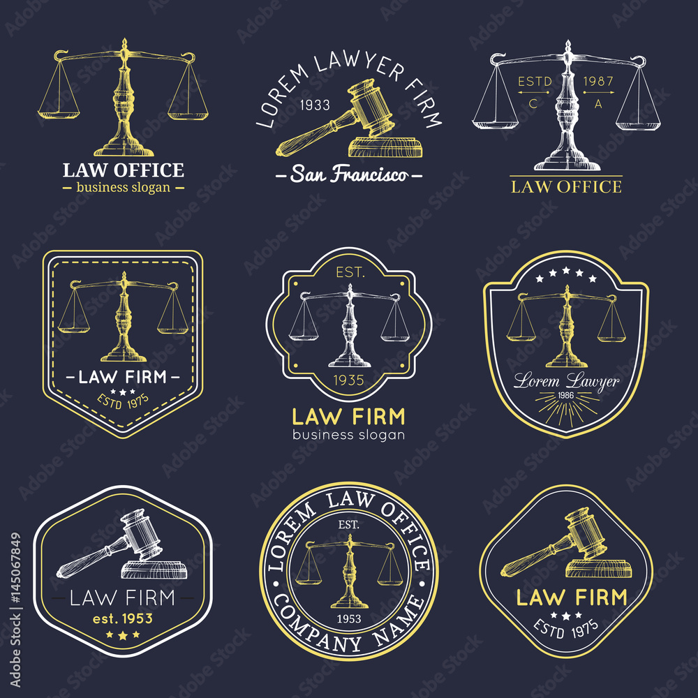 Law office logos set with scales of justice, gavel illustrations ...