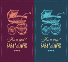 Vector Baby Shower Invitation With Pram Illustration. Reveal The Gender Baby Gifts Invite Concept. Poster With Buggy.
