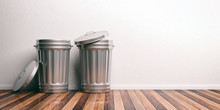 Trash cans on a wooden floor 3d illustration