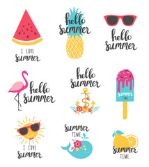 Wall Mural - Summer lettering set with holiday elements. Watermelon, pineapple, lemon. Vector illustration.