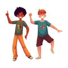 Black and Caucasian boys, kids, friends having fun, dancing at party, cartoon vector illustration isolated on white background. Happy boys dancing, jumping at a kids, birthday party, having fun