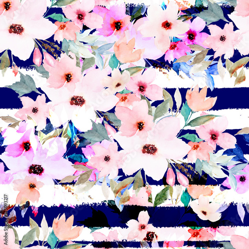 Cuadros en Lienzo Watercolor seamless pattern on striped background. Floral print