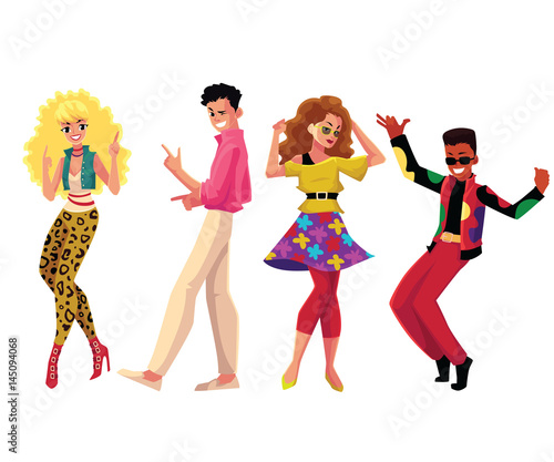 People in 1980s, eighties style clothes dancing disco, cartoon vector