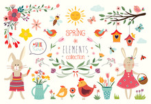 Spring Time Collection With Decorative Hand Drawn Elements And Floral Arrangements, Vector Design