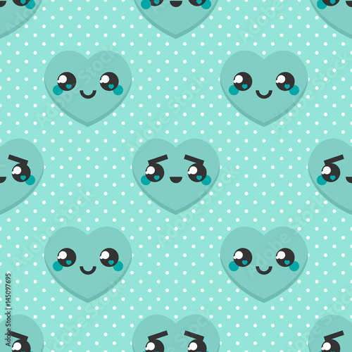 Cute mint green japanese style heart emoji seamless pattern background