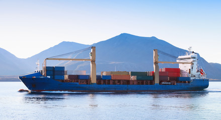 container ship goes on norwegian sea, side view