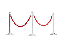 Three Silver Pole With Red Rope Barrier Isolated On White Background This Has Clipping Path.