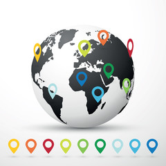 Wall Mural - globe world map illustration with map pin pointer location