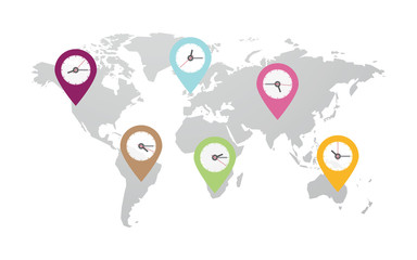 Wall Mural - time zones clock world map