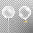 Set of white transparent helium balloon with bow isolated in the air. Party decorations for birthday, anniversary, celebration. Shine transparent balloon.