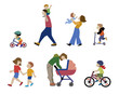 © rozmarin - A vector illustration of families, adults, children and baby in outdoors. People on the street in different activity situation - walking, cycling isolated on white background. Character set.