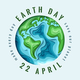 Fototapeta Przestrzenne - World Earth day concept. 3d paper cut eco friendly design. Vector illustration.  Paper carving Earth map shapes with shadow. Save the Earth concept. April 22