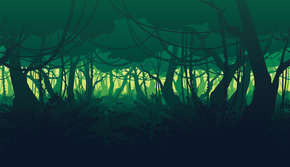 Horizontal seamless background of landscape with deep jungle forest.