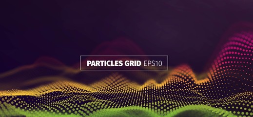 Wall Mural - futuristic infographics. wavy particles grid. abstract sound wave flow background
