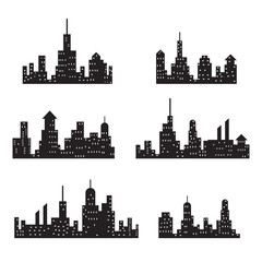 City skylines silhouette, cityscape set, black isolated on white background, vector illustration.