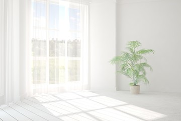 White empty room with green landscape in window. Scandinavian interior design. 3D illustration