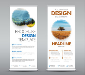 Templates roll up banners with round design elements with shadow for your photo or image. A set of vertical brochures with space for photo, text and information. Vector illustration