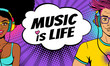 Young sexy afro american woman and handsome man with open smile in headphones listen to music and Music is Life speech bubble. Vector background in pop art retro comic style. Party invitation poster.