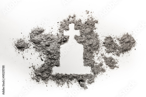 Gravestone Or Tombstone With Christian Cross Drawing Made In Ash Or Dust As Grave Graveyard Death Cemetery Silhouette Concept Illustration Poster Domagoj8888