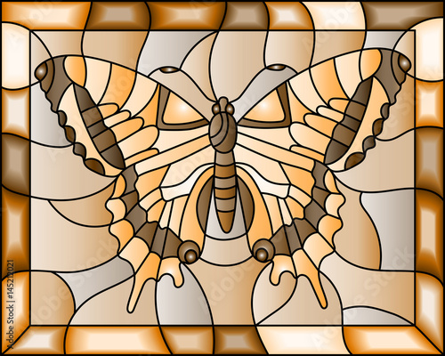 Fototapeta na wymiar Illustration in stained glass style with butterfly,brown tone, sepia