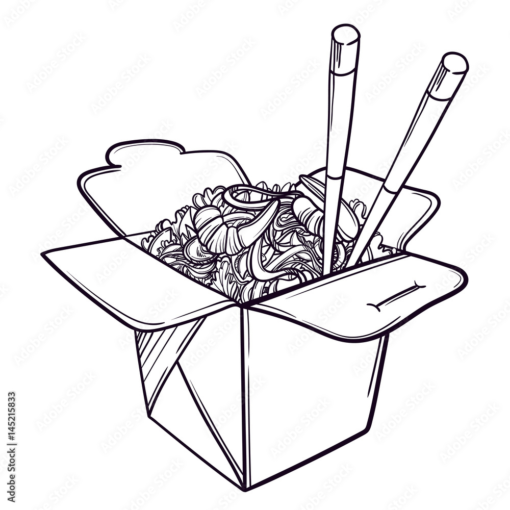 Vector illustration of a Chinese restaurant opened to take out a box ...