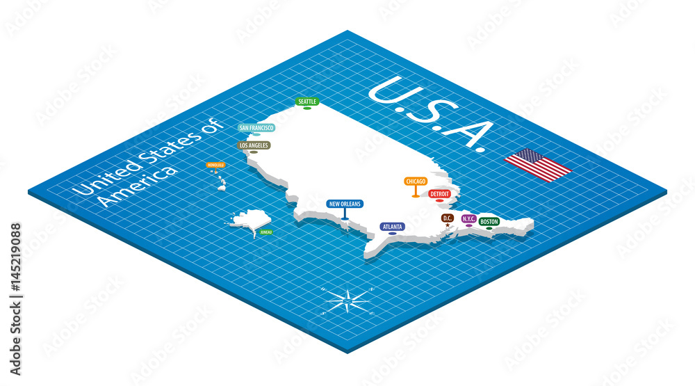 Isometric map of the USA - 3D Vector Illustration Stock Vector | Adobe ...