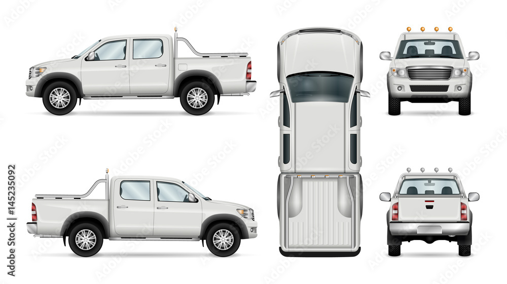 Pickup truck vector template isolated car on white background. All layers and groups well organized for easy editing and recolor. View from side front back top. - obrazy, fototapety, plakaty 