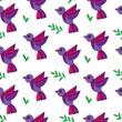 Simply seamless pattern with colorful birds and green leaves on the white background